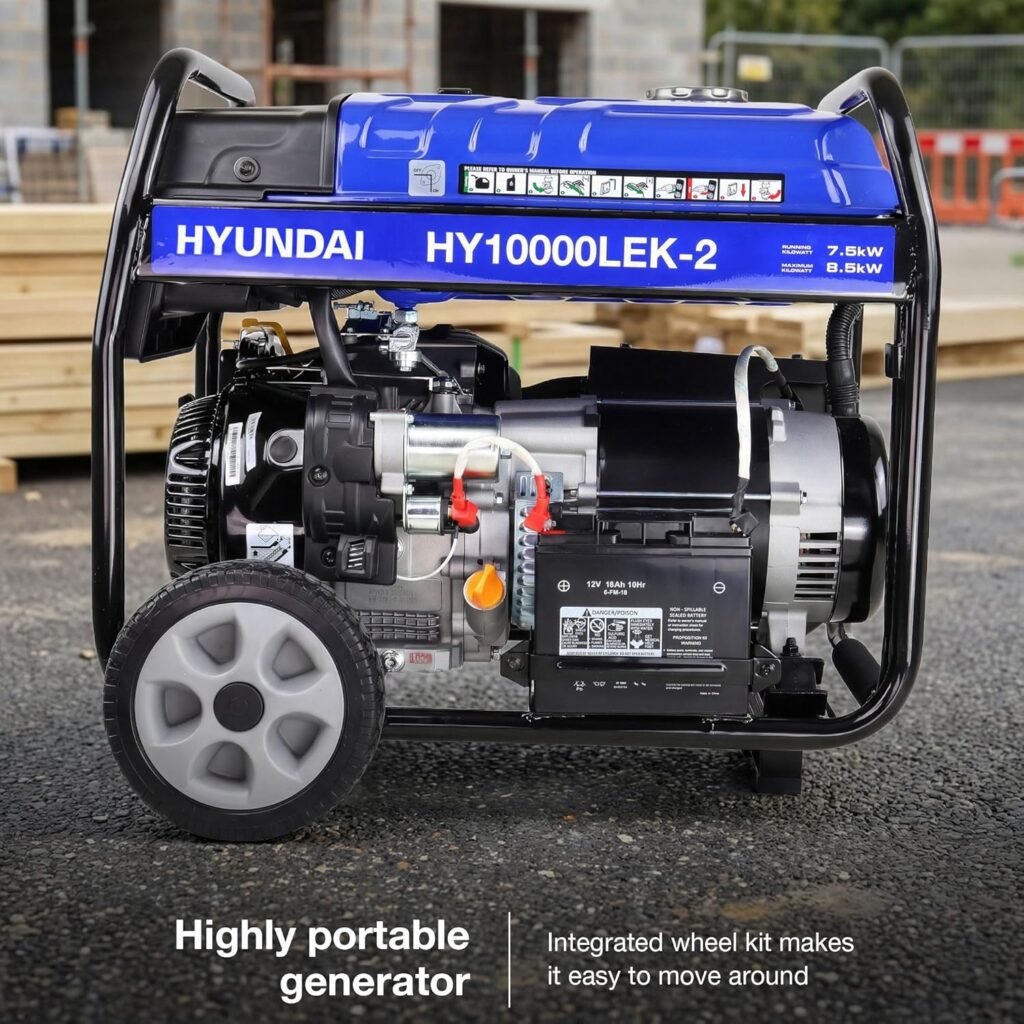Hyundai 8kW / 10kVA Petrol Open Frame Site Generator, Electric  Recoil Start, AVR Alternator, Low Noise Portable Generator with Wheel Kit, Year Warranty