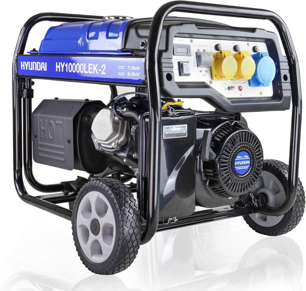 Hyundai 8kW / 10kVA Petrol Open Frame Site Generator, Electric  Recoil Start, AVR Alternator, Low Noise Portable Generator with Wheel Kit, Year Warranty